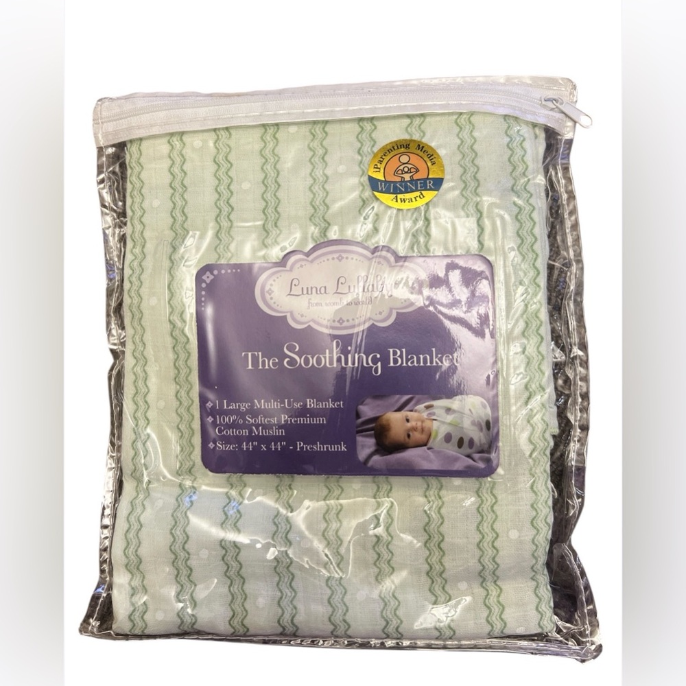 Luna Lullaby Soothing Blanket 100% Cotton Muslin Green White Striped/dots